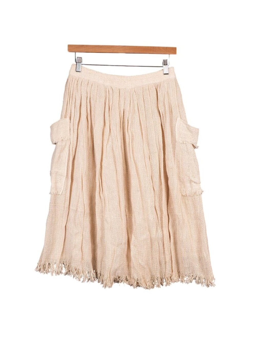 VTG Rattan Skirt 7 Beige Cotton Mesh Pockets Fringe Boho Indie Earthy Peasant
